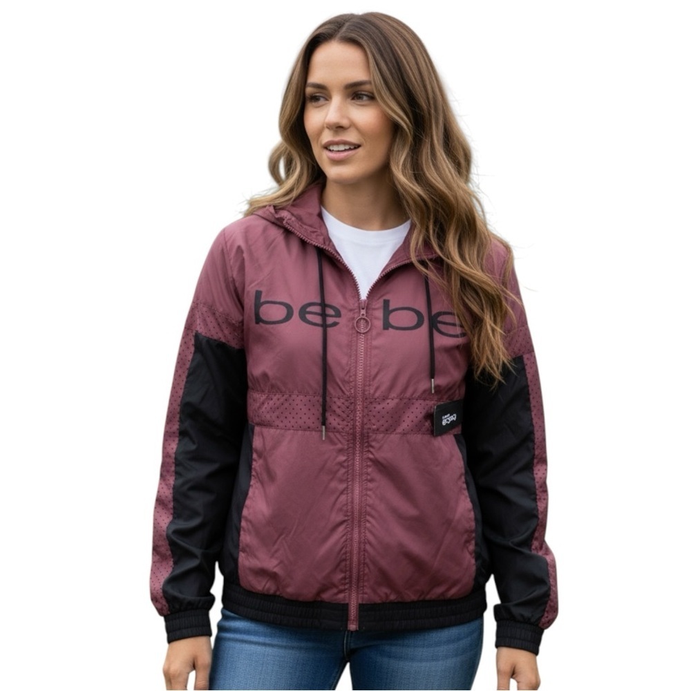 Bebe Sport Burgundy and Black Hooded Windbreaker Rain Jacket NWT M